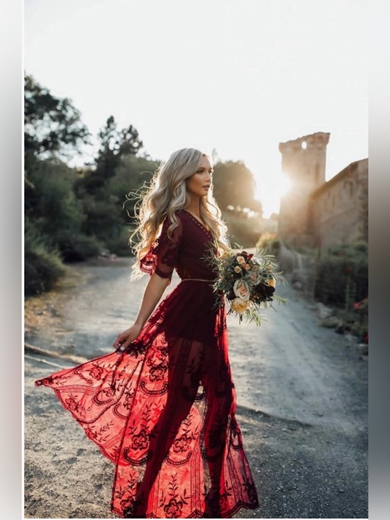 Eleter Dresses & Skirts - Women's Deep V-Neck Lace Romper Short Sleeve Long Dress